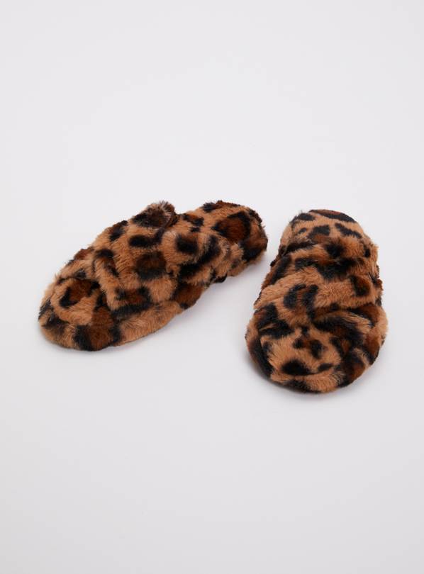 Leopard Print Faux Fur Slider Slippers - Large